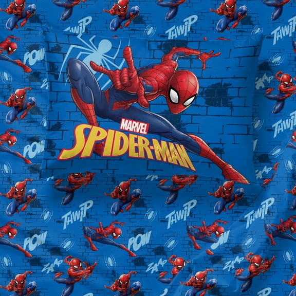 Spiderman Swinging In 4 Piece Full Size Sheet Set - Disney Superhero Bedding