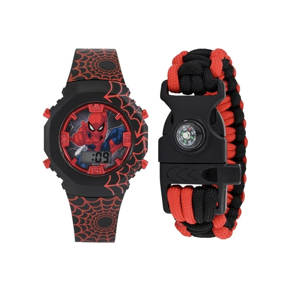 Marvel Spider-Man Unisex Child 2pc Red and Black Watch and Survival Bracelet Set, SPD40203WM