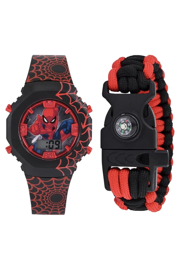 Spider-Man Unisex Child 2pc Red and Black Watch and Survival Bracelet Set, SPD40203WM