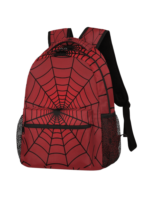 Spiders Web Backpack for Men Women, Lightweight Casual Daypack with Side Mesh Pockets, Red Web Pattern Book Bag for Outdoor Travel Work Daily Use 17in