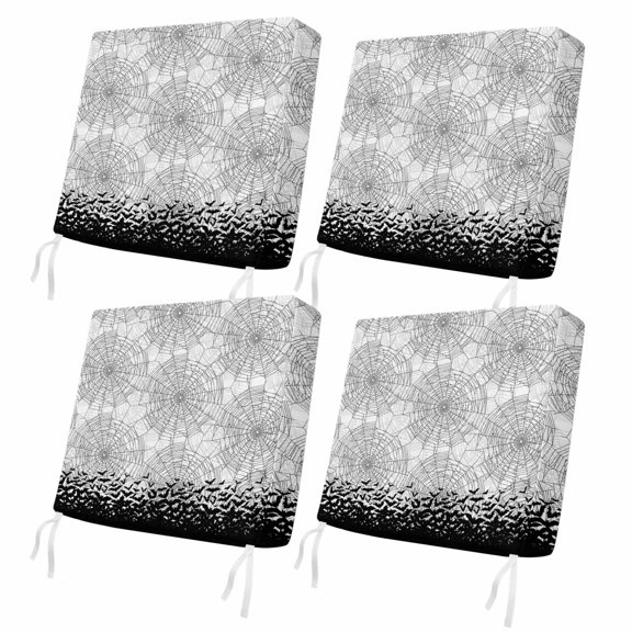 Spiders Webs 4 Pcs Patio Cushion Covers, Flying Black Bats Silhouettes Cobweb Overlays Vintage Waterproof Outdoor Cushion Cover, Replacement Washable Sofa Chair Seat Cover with Zipper 24"x24"x4"