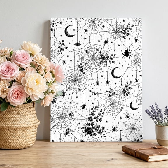 Spiders Webs Canvas Wall Art for Living Room, Halloween Spooky Texture Crescent Moons Stars Poster Print Painting for Desk Vanity Narrow Stair Wall Decoration Wall Pictures Prepare To Hang 8"x10"