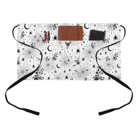 Spiders Webs Kitchen Restaurant Half Waist Apron, Halloween Spooky Texture Crescent Moons Stars Server Short Apron with 3 Pockets Waterproof Oil Waist Aprons for Women Waitress Waiter