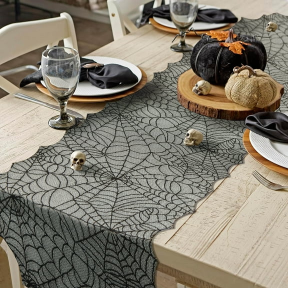 Halloween Spiderweb 13" x 90" Table Runner - 100% Polyester, Black