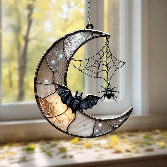 Spiderweb Crescent Moon with Bat & Dangling Spider Faux Wavy Acrylic Suncatcher, Spooky Gothic Window Decor for Witchy Halloween Home
