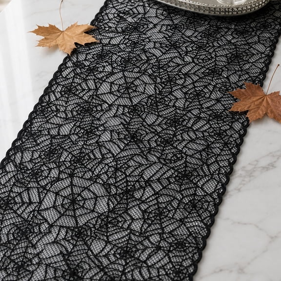 Spiderweb Lace Table Runner, Sheer Mesh Scarf, Scalloped Edge for Halloween Dining Table, Black Lace Spider Web Runner, Spooky Party Table Decor​