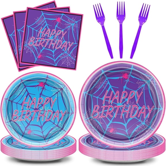 Spiderweb Party Plates and Napkins Spider Birthday Decorations Ghost Disposable Porks Purple Spiderweb Party Tableware Set Serves 10