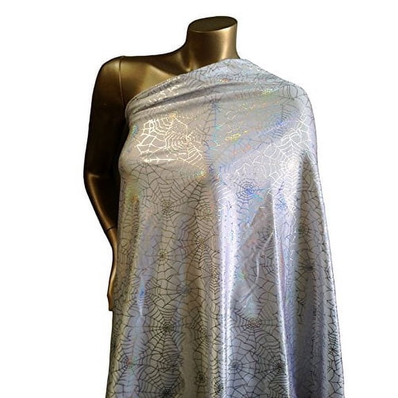 Spiderweb Pattern Shiny Silver Iridescent Foil on Stretch Nylon Spandex Shiny Tricot Fabric by The Yard (White)