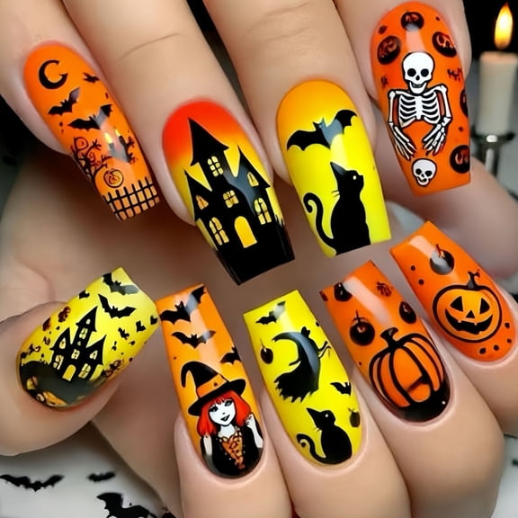Spiderweb Pumpkin Ghosted Fake Nails Square Shape Halloween Party ABS Construction Glues on Nails with Glues