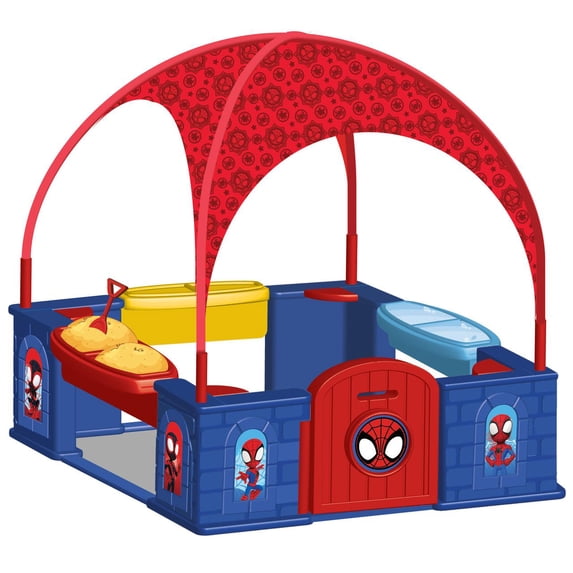 Spidey and His Amazing Friends Deluxe Playhouse with Canopy by Delta Children – Ages 2+ - Shaded Outdoor Playhouse for Kids with Water Tables, Interactive Features, Room for Multiple Toddlers to Play