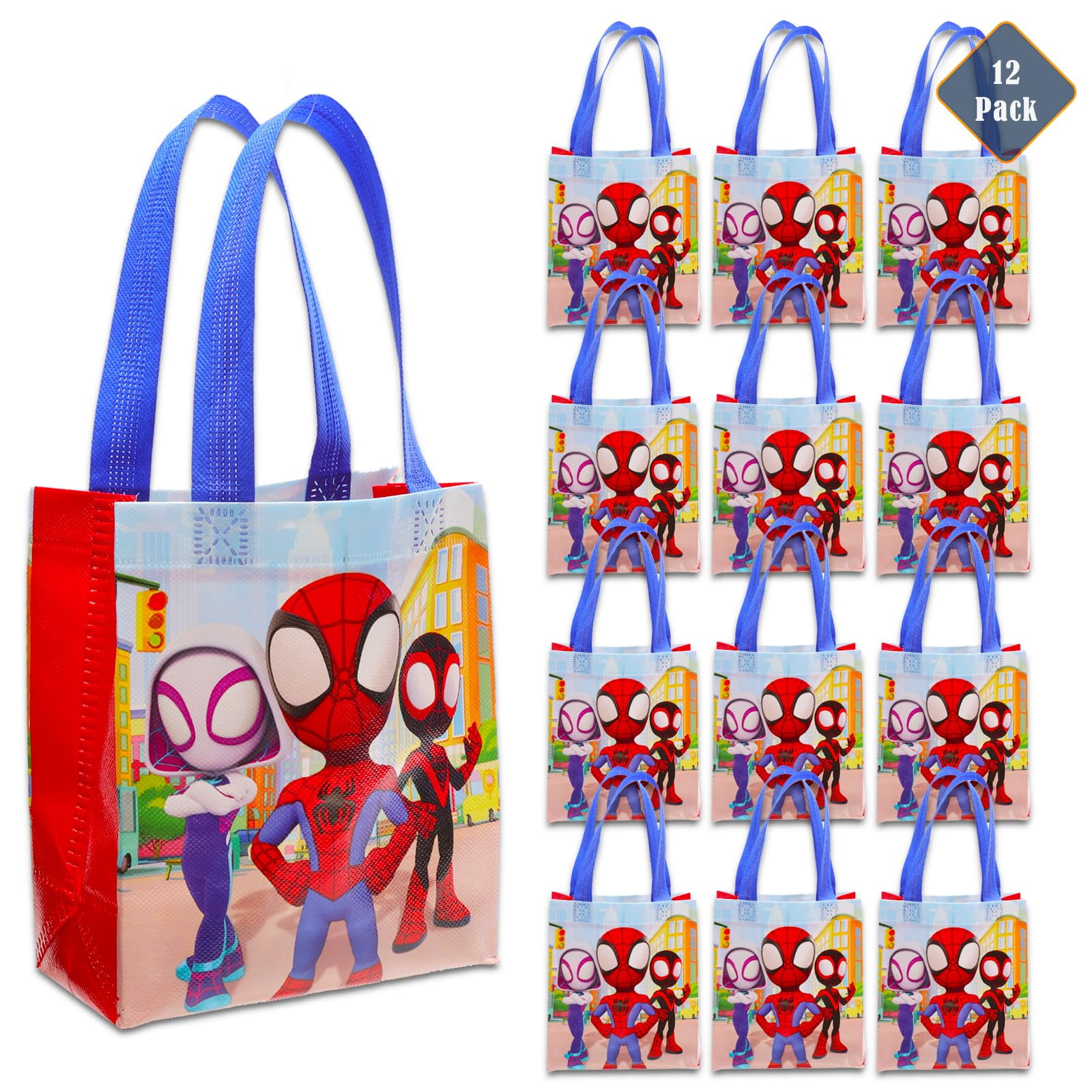 Spidey and His Amazing Friends Party Favor Bag Set 12 Pack of 8" Marvel Party Goodie Bags for Kids Bulk Reusable Totes | Spiderman Birthday Supplies