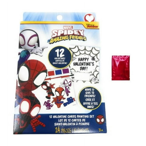 Spidey Amazing Friends Valentines Day Cards Painting Set, 12-Count Paint Cards and Paintbrushes Kids Classroom Exchange Party Favors Valentines Gifts Decorations Stuffer w/LaPrime Morceau Bonbon