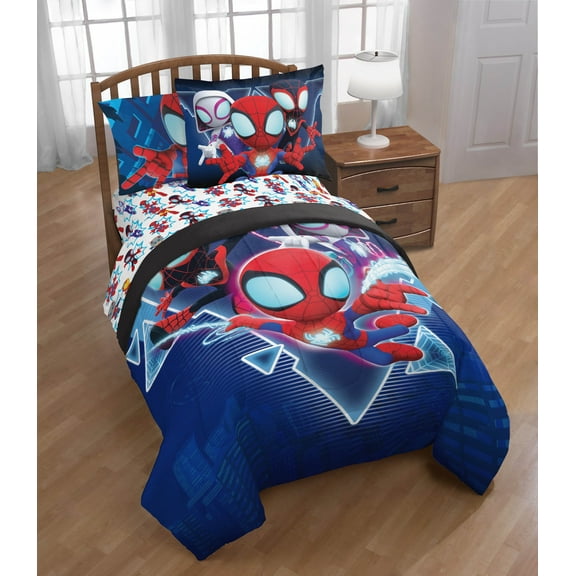 Spidey & His Amazing Friends Glow Webs 5 Piece Twin Size Comforter Set with Sham - Superhero Kids Bedding