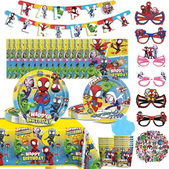 Spidey Party Supplies Set, Birthday Decorations Theme Favors Include Banner,  Backdrop, Balloons, Hanging Swirls, Cake Cupcake Toppers, Tablecloth, Stickers