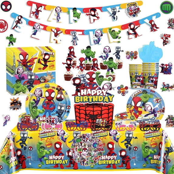 CXDZKJ Party Supplies Set, Birthday Decorations Theme Favors 170 Pcs with Banner Latex Balloons Hanging Swirls Cake Toppers Tablecloth Stickers