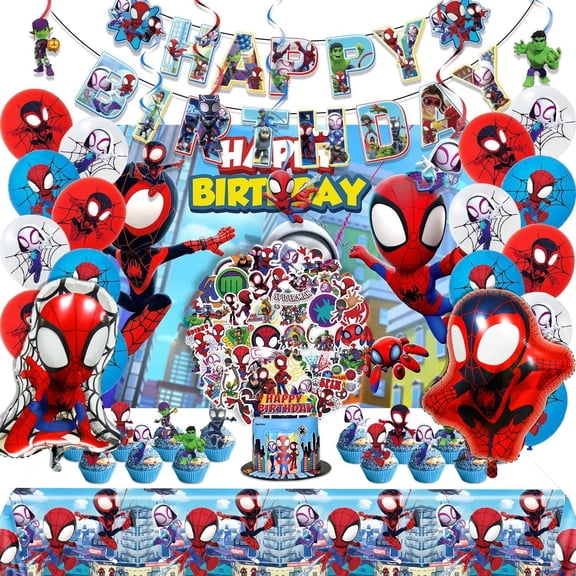 Spidey Party Supplies Set, Birthday Decorations Theme Favors Include Banner, Backdrop, Balloons, Hanging Swirls, Cake Cupcake Toppers, Tablecloth, Stickers