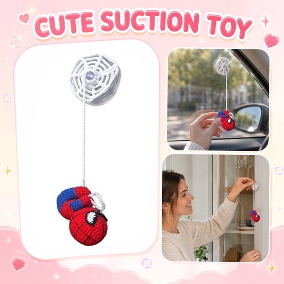 Spidey Plush Toys Crochet Spider Car Hanger Ornament 1.97" Wall Climbing Hero Figure Toy with Suction Cup and Hanging String Soft Stuffed Character for Glass and Smooth Surfaces D001 Red 1.97"