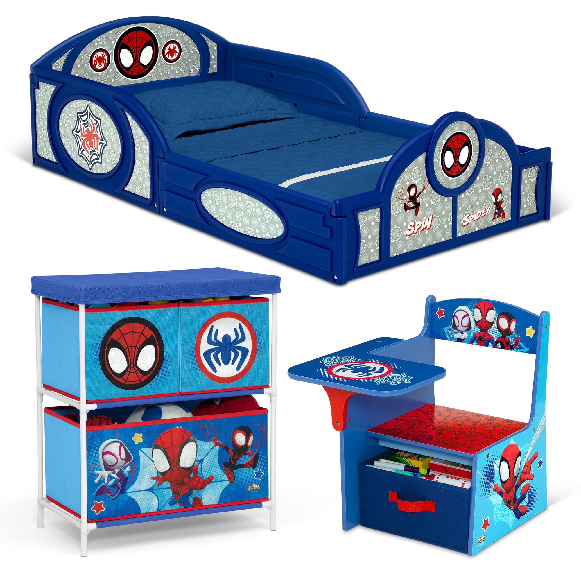 Spidey and His Amazing Friends 3-Piece Toddler Bedroom Set by Delta Children - Includes Toddler Bed, Chair Desk and Toy Organizer, Blue