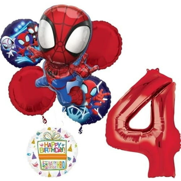 Spidey and Friends 4th Birthday Party Supplies 7pc Foil Balloon Bouquet Decorations
