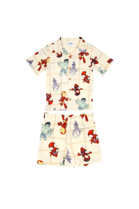 Marvel Spidey and Friends Boys 2-Piece Cabana Set Collared Short Sleeve Gauze Shirt & Matching Shorts Summer Outfit