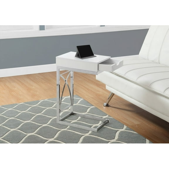 Spiffy Chrome Base & Glossy White - C-shaped Side Table with Storage