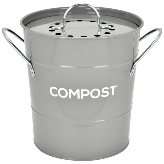Spigo Steel Kitchen Compost Bin With Vented Charcoal Filter and Bucket, Grey, 1 Gallon