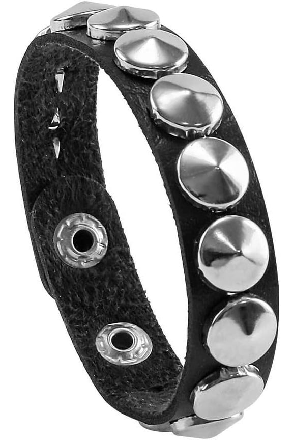 Spike Rivets Cuff Bangle - Goth Black Leather Bracelet with Metal Studded - 80s Punk Rock Accessories for Men Women (Thin Stud Bracelet)