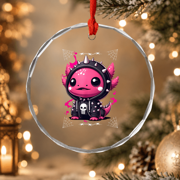 Spiked Axolotl Skull Halloween Gothic Emo Axolotl Ornament, Holiday Decor, Circle Glass Ornament