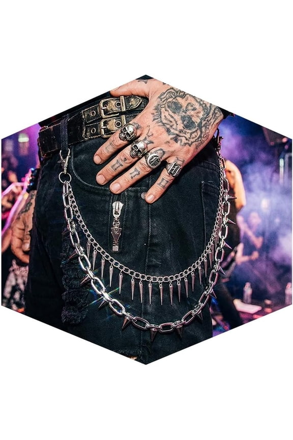 Spiked Chain for Men Women, Punk Goth Pants Chain for Jeans,Adjustable Chunky Belt-Loop , Multi-Layer Trousers Chain with Cone Spikes,Heavy-Duty Streetwear Belt Chain