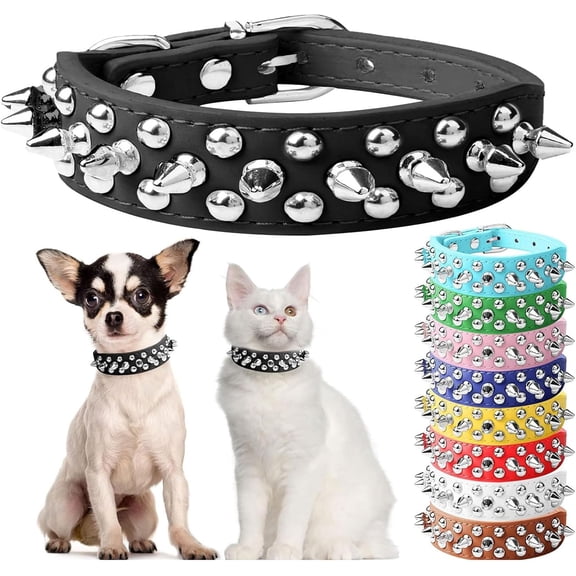 Spiked Dog Cat Collar Male Black Soft Leather Spike Puppy Collars Adjustable Mushroom Anti Bite Studded Dog Collars for Small Medium Large Dogs Chihuahua Yorkshire Pit Bull