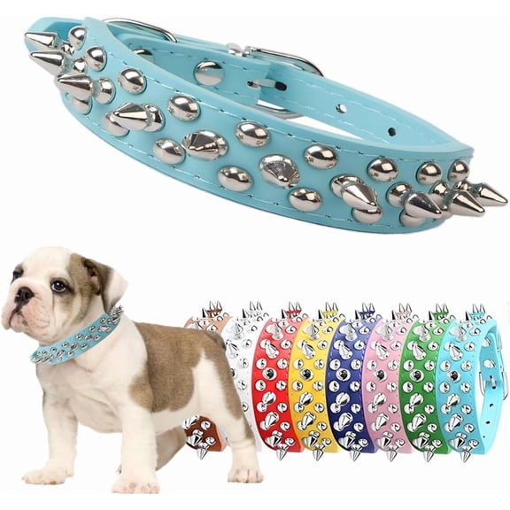 Spiked Dog Collar for Small Dogs Soft PU Leather Spike Puppy Collar Anti Bite Studded Rivet Cat Collar for Kittens Small Medium Pets Like Chihuahua Pug Pit Bull Bulldog, Light Blue S