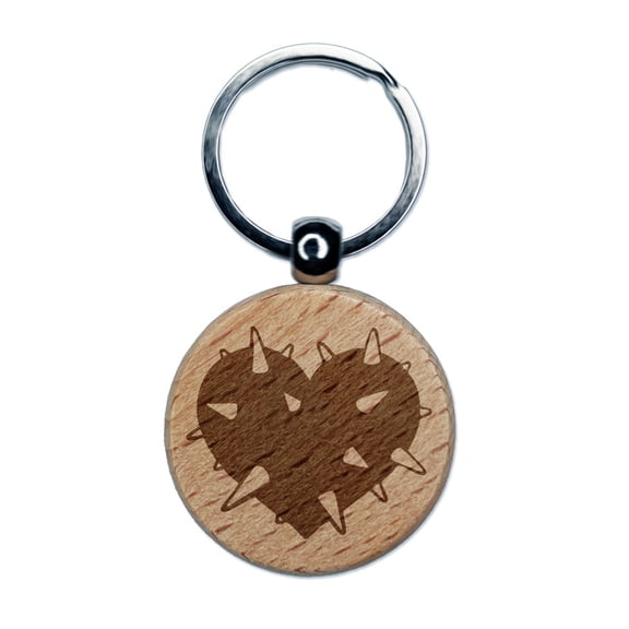 Spiked Heart Guarded Love Prickly Engraved Wood Round Keychain Tag Charm