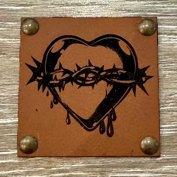 Spiked Heart Leather Iron-On Patch with Studs - Brown