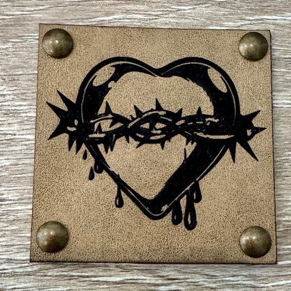 Spiked Heart Leather Iron-On Patch with Studs - Tan