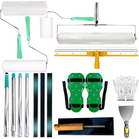 Spiked Roller for Self Leveling, Epoxy Roller Kit with Spiked Roller with Splash Guard Spike Shoes, Paint Roller, Trowel, Scraper, Leveling Rake & Extension Pole for Decoration and Concrete