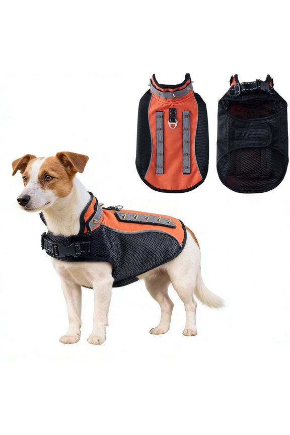 Spiked Small Dog VesT Harness,Reflective Dog Harness Vest with Removable Spikes, Anti-Bite & Predator Protective Dog Jacket with D-Ring & Breathable Linings Orange XS
