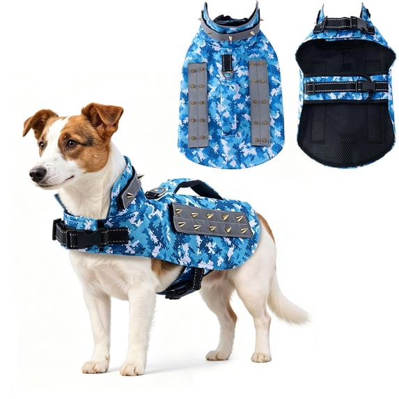 Spiked Small Dog Vest Harness,Reflective Dog Harness Vest with Removable Spikes, Anti-Bite & Predator Protective Dog Jacket with D-Ring & Breathable Linings Blue M