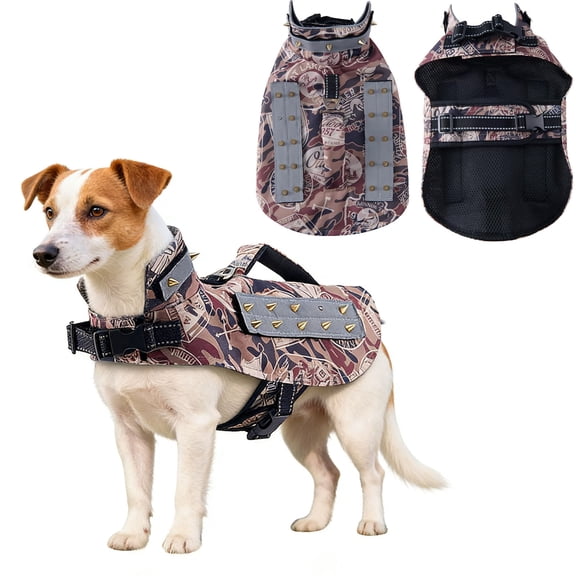 Spiked Small Dog Vest,Reflective Dog Harness Vest with Removable Spikes, Anti-Bite & Predator Protective Dog Jacket with D-Ring & Breathable Linings Brown Handle M