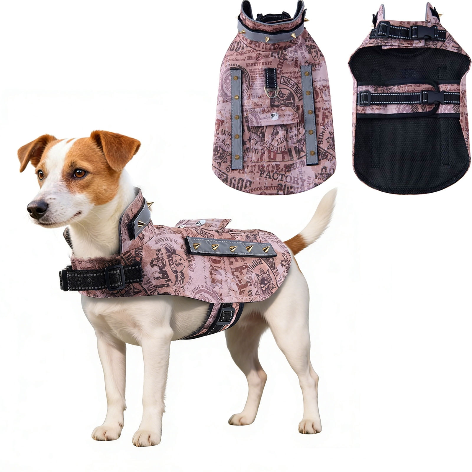 Spiked Small Dog Vest,Reflective Dog Harness Vest with Removable Spikes, Anti-Bite & Predator Protective Dog Jacket with D-Ring & Breathable Linings Brown Pocket XS