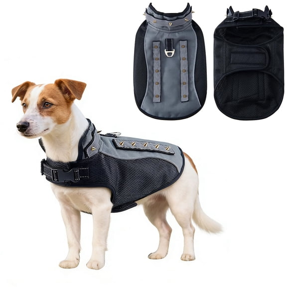 Spiked Small Dog Vest,Reflective Dog Harness Vest with Removable Spikes, Anti-Bite & Predator Protective Dog Jacket with D-Ring & Breathable Linings Grey S