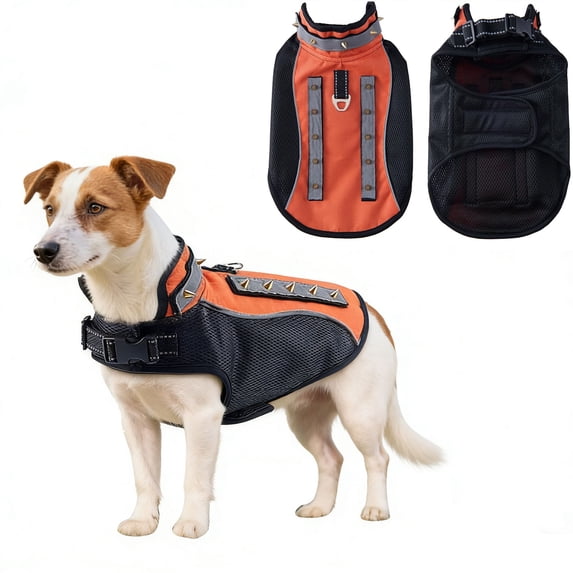 Spiked Small Dog Vest,Reflective Dog Harness Vest with Removable Spikes, Anti-Bite & Predator Protective Dog Jacket with D-Ring & Breathable Linings Orange S