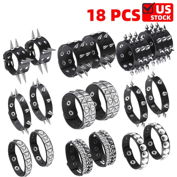 Spiked Studded Bracelet (18 Pcs) Black Leather Rivet Punk Bracelet Cuff Wrap Bangle Snap Button Metal Wristband for Men Women, Punk Style