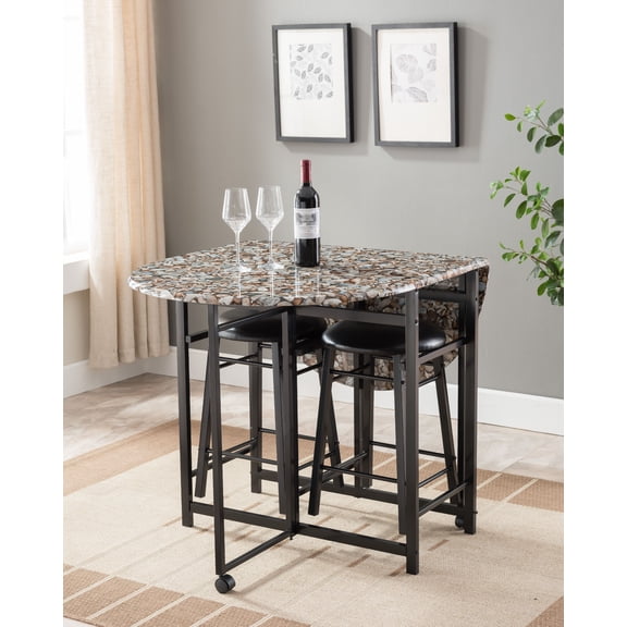 Spiky 3-Piece Black Metal With Cobblestone Wood Top Transitional Folding Dinette Pub Set With 2 Leaf Extensions & 2 Faux Leather Stools