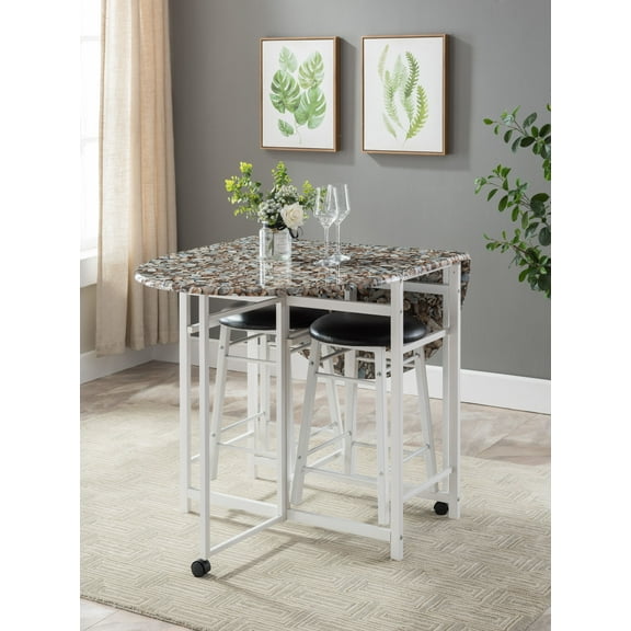 Spiky 3 Piece White Metal With Cobblestone Wood Top Transitional Folding Dinette Pub Set With 2 Leaf Extensions & 2 Faux Leather Stools