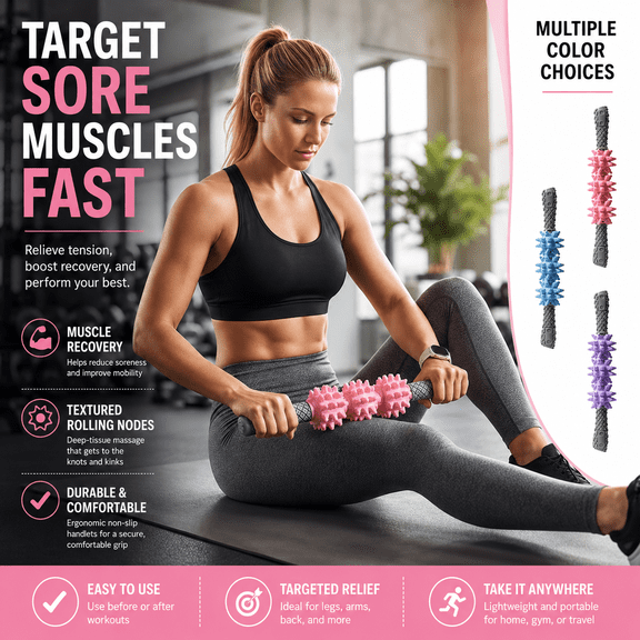 Spiky Massage Roller Stick, 15.7 x 2.8in Deep Tissue Muscle Release Bar for Legs, Calves, Back and Arms, Portable Recovery Tool for Fitness, Yoga, Running, Gym and Daily Workouts, Pink