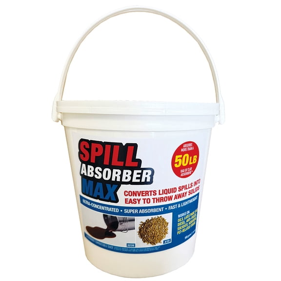 Spill Absorber MAX 1.1 POUND BUCKET absorbs as much as a 50 POUND BAG OF CLAY ABSORBENT! Ideal for absorbing Oils, Latex Paint, Gas, Diesel, Anti-Freeze, Solvents, Kerosene & Pet-related Stains