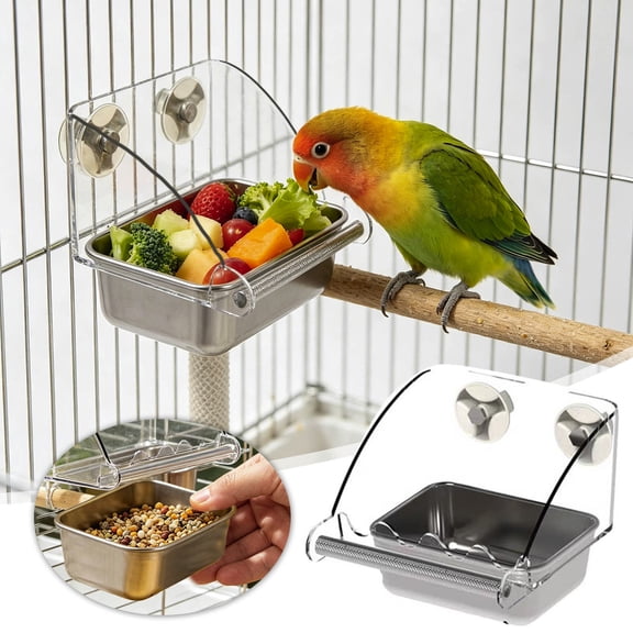 No Spill Bird Feeder Acrylic Hanging Bird Feeding Bowl Chew-proof Stainless Steel Parrot Food Water Container Anti-scatter Bird Cage Feeding Dish Cage Accessories for Lovebird Parakeet Cockatiel