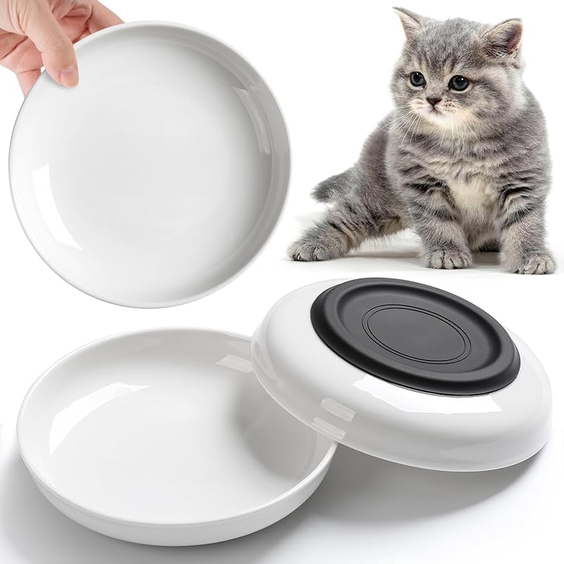 No Spill Cat Bowls,Cat Food Bowl,Anti Whisker Fatigue Healthy Ceramic Cats Dishes Set for Indoor Cats,Shallow Wide Kitten Plates for Food and Water,Non-Slip Silicone Bottom,3 Pack