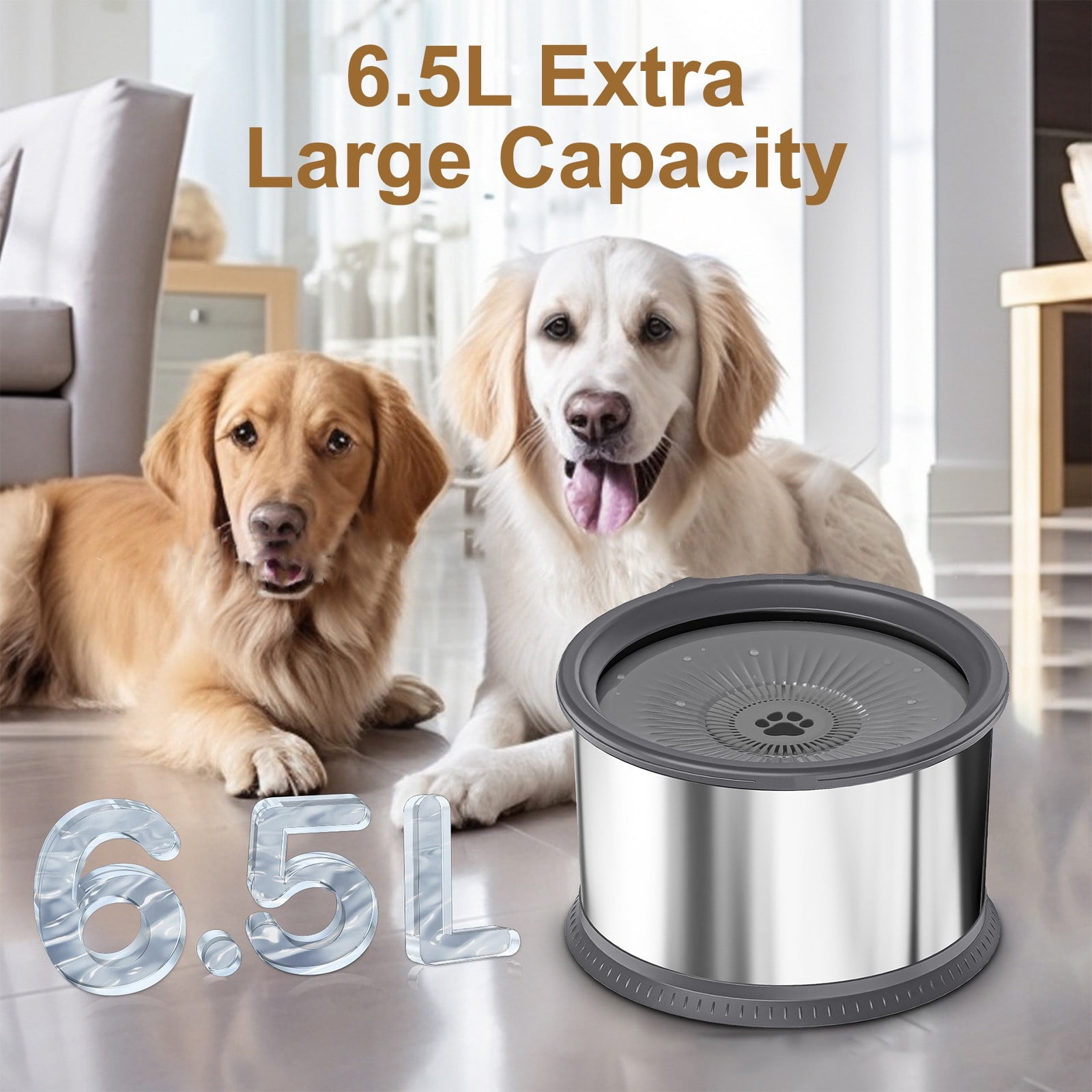 No Spill Dog Water Bowl,Large 1.6 Gallon Stainless Steel Floating Bowl for Large Dogs,Slow Water Flow Prevents Splashing,Non Slip Base for Indoor/Outdoor，Gray