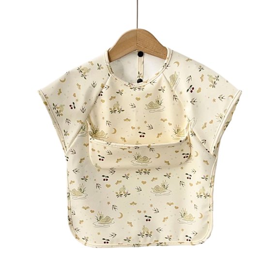 Spill Guard Short Sleeve Baby Bib Adjustable Feeding Apron with Pocket Water Resistant Toddler Mealtime Burp Cloth